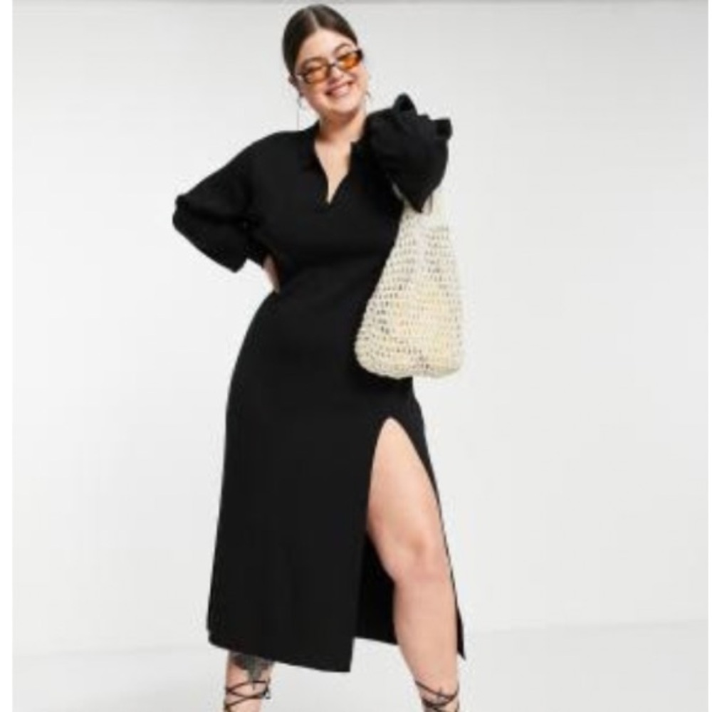 NWT ASOS Pretty Lavish Curve collared knit midi dress in black